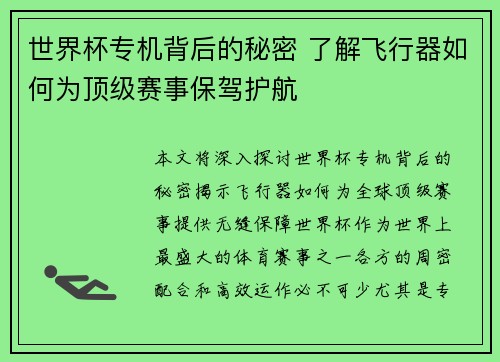 世界杯专机背后的秘密 了解飞行器如何为顶级赛事保驾护航