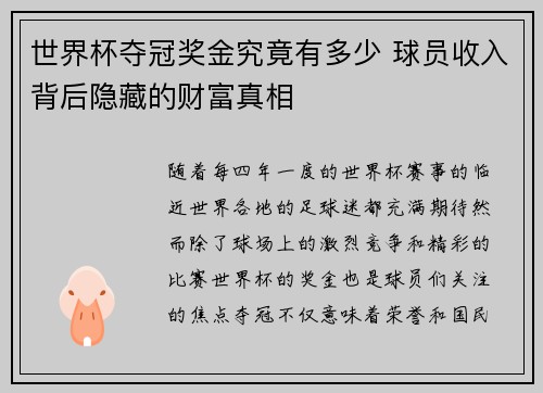 世界杯夺冠奖金究竟有多少 球员收入背后隐藏的财富真相